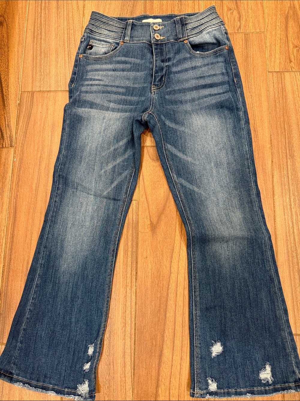 KanCan Distressed Flare Jeans-Medium Blue Wash. Waist 14”. Rise 10. Inseam 25”